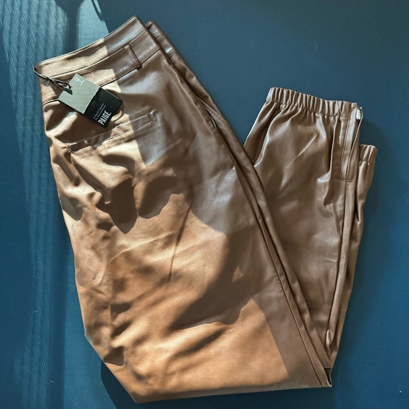 PAIGE | High Rise Pleated Mayslie Jogger - Cognac Vegan Leather, Size: 10 - Picture 4 of 10
